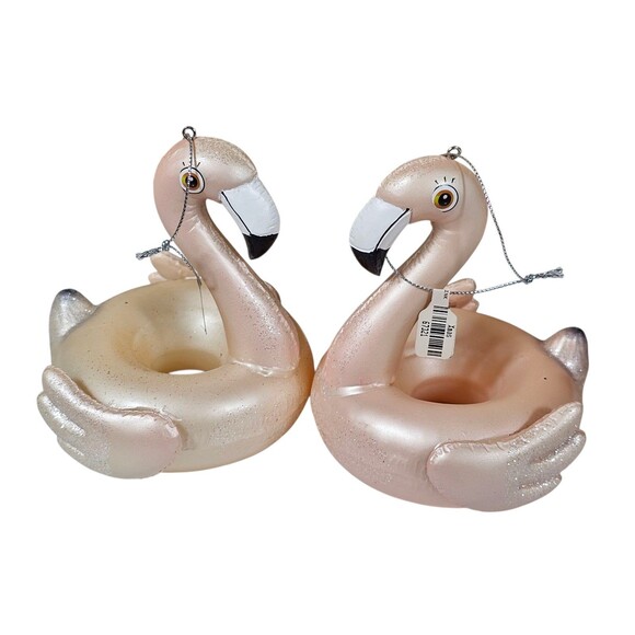 ALDIK HOME PAIR OF FLAMINGO FLOAT ORNAMENT HAND BLOWN GLASS NWT
